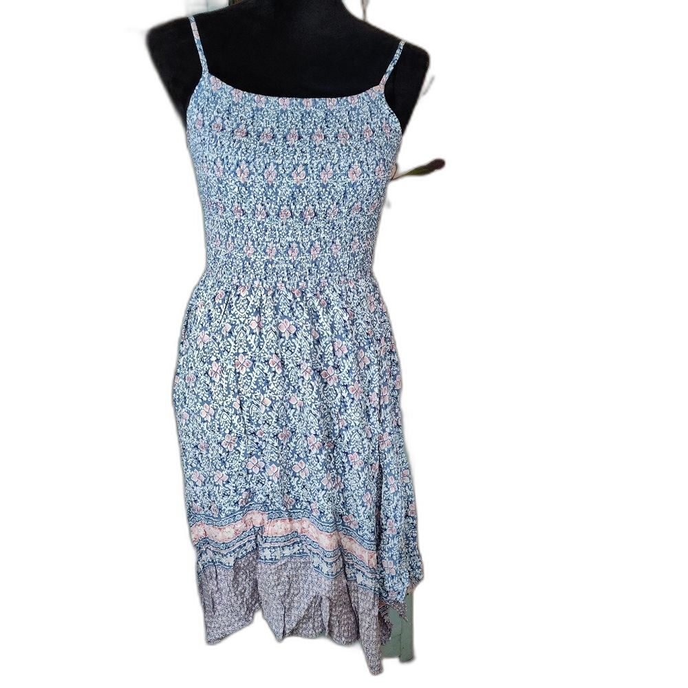 Japna Smocked Tank Top Boho Hi Lo Midi Handkerchief Hem Blue Floral Medium Dress